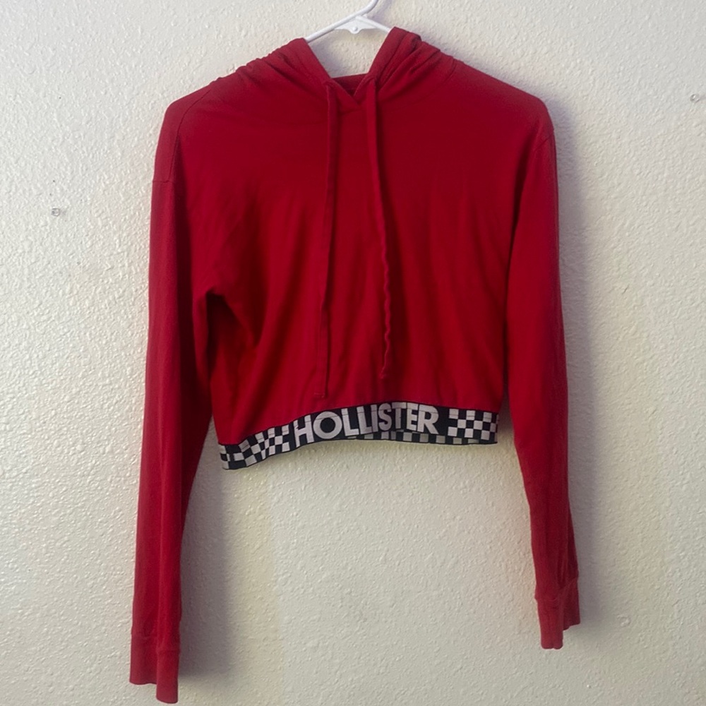 Hollister • Cropped Red, White, & Black Checkered Hoodie